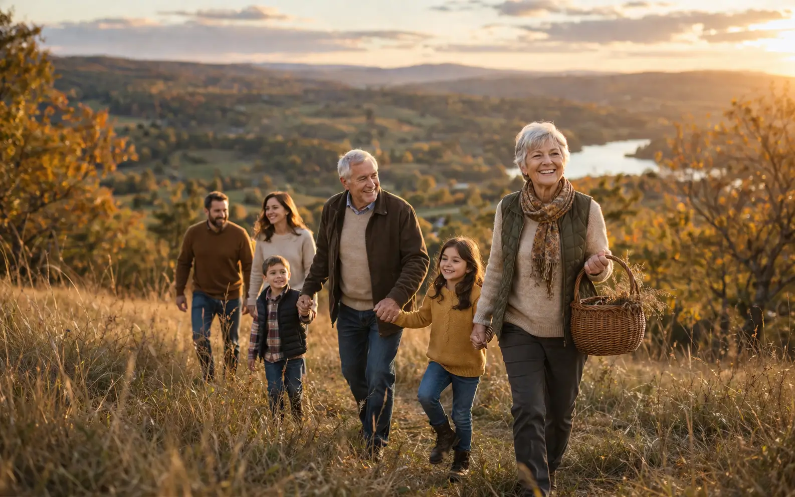 A multi-generational family walking together through a sunlit meadow at golden hour