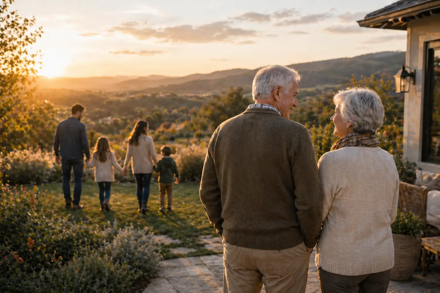 Grandparents on a patio at sunset watching a young family walk through a garden